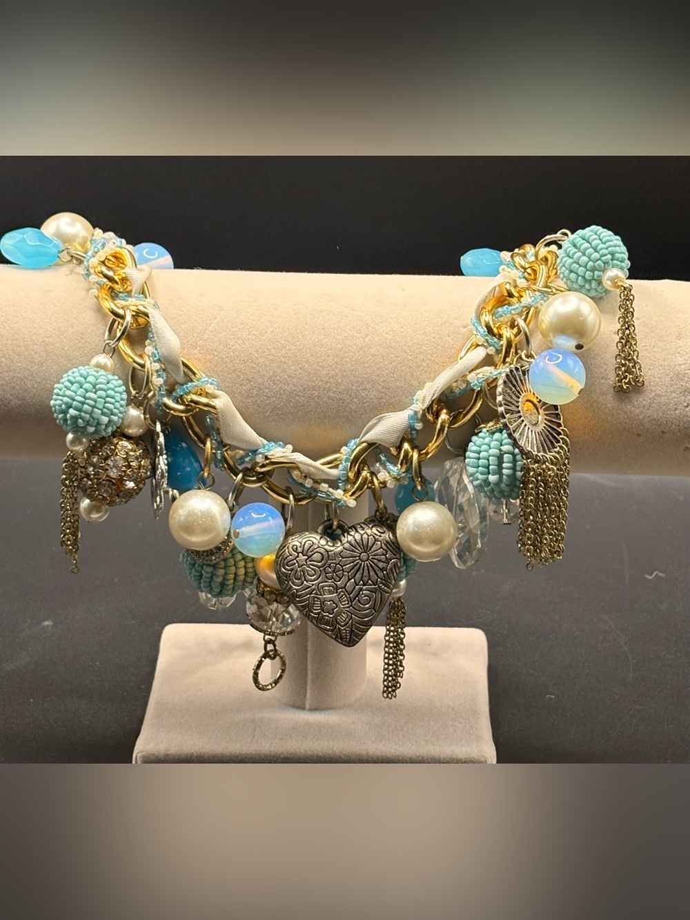 ALDO Turquoise Blue Pearl Heart Charm Tassel Statement Necklace Chunky